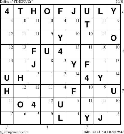 The grouppuzzles.com Difficult 4THOFJULY puzzle for  with all 14 steps marked