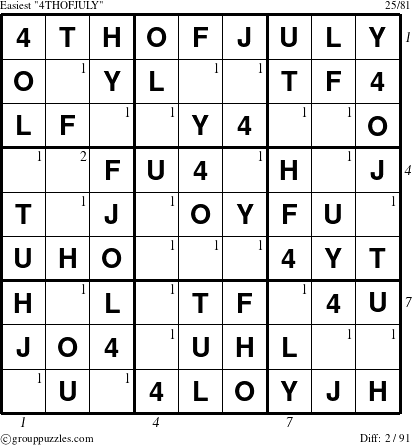 The grouppuzzles.com Easiest 4THOFJULY puzzle for , suitable for printing, with all 2 steps marked