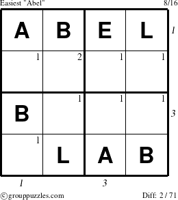 The grouppuzzles.com Easiest Abel puzzle for  with all 2 steps marked