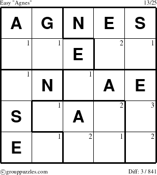 The grouppuzzles.com Easy Agnes puzzle for  with the first 3 steps marked