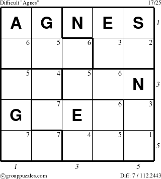 The grouppuzzles.com Difficult Agnes puzzle for , suitable for printing, with all 7 steps marked