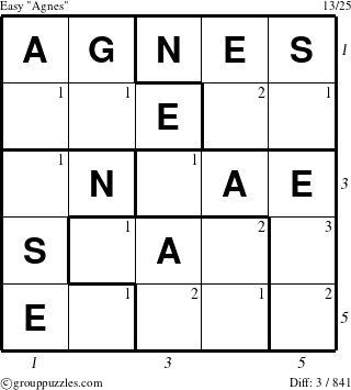 The grouppuzzles.com Easy Agnes puzzle for  with all 3 steps marked