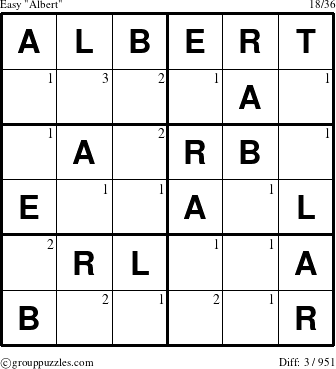 The grouppuzzles.com Easy Albert puzzle for  with the first 3 steps marked