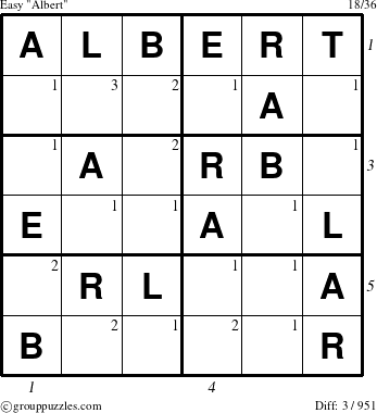 The grouppuzzles.com Easy Albert puzzle for  with all 3 steps marked