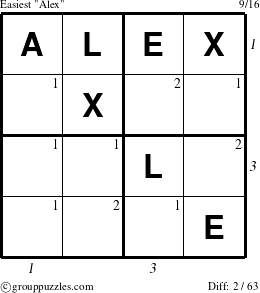 The grouppuzzles.com Easiest Alex puzzle for  with all 2 steps marked