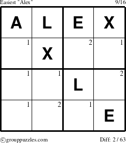 The grouppuzzles.com Easiest Alex puzzle for  with the first 2 steps marked