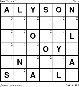 The grouppuzzles.com Easy Alyson puzzle for  with the first 3 steps marked