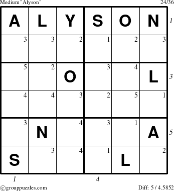 The grouppuzzles.com Medium Alyson puzzle for  with all 5 steps marked