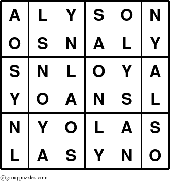 The grouppuzzles.com Answer grid for the Alyson puzzle for 