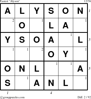 The grouppuzzles.com Easiest Alyson puzzle for , suitable for printing, with all 2 steps marked