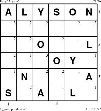 The grouppuzzles.com Easy Alyson puzzle for  with all 3 steps marked