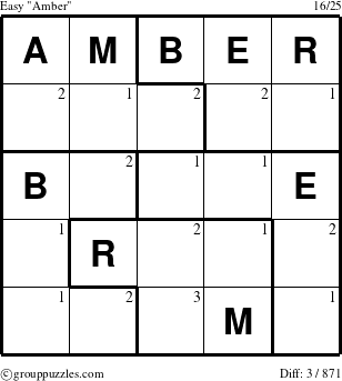 The grouppuzzles.com Easy Amber puzzle for  with the first 3 steps marked