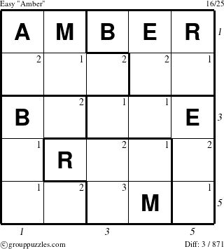 The grouppuzzles.com Easy Amber puzzle for  with all 3 steps marked