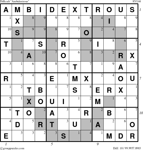 The grouppuzzles.com Difficult Ambidextrous puzzle for , suitable for printing, with all 10 steps marked