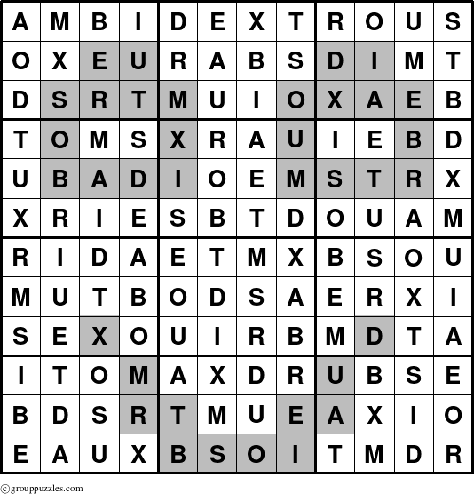 The grouppuzzles.com Answer grid for the Ambidextrous puzzle for 