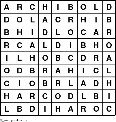 The grouppuzzles.com Answer grid for the Archibold puzzle for 