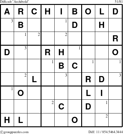 The grouppuzzles.com Difficult Archibold puzzle for  with the first 3 steps marked