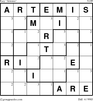 The grouppuzzles.com Easy Artemis puzzle for  with the first 3 steps marked