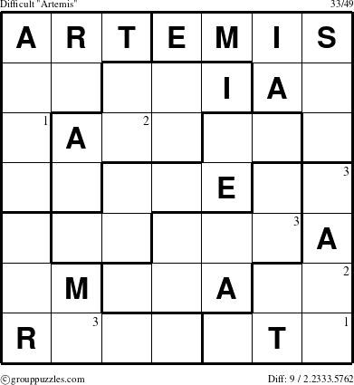 The grouppuzzles.com Difficult Artemis puzzle for  with the first 3 steps marked