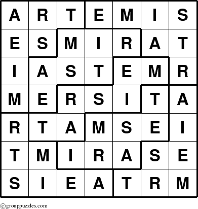 The grouppuzzles.com Answer grid for the Artemis puzzle for 