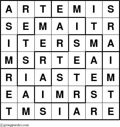 The grouppuzzles.com Answer grid for the Artemis puzzle for 