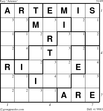 The grouppuzzles.com Easy Artemis puzzle for  with all 4 steps marked