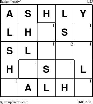 The grouppuzzles.com Easiest Ashly puzzle for  with the first 2 steps marked