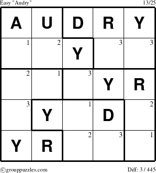 The grouppuzzles.com Easy Audry puzzle for  with the first 3 steps marked