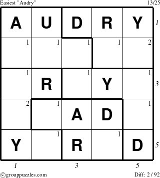 The grouppuzzles.com Easiest Audry puzzle for , suitable for printing, with all 2 steps marked