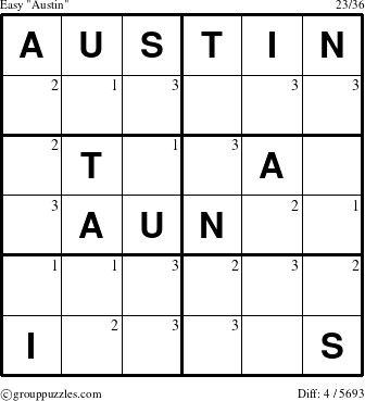 The grouppuzzles.com Easy Austin puzzle for  with the first 3 steps marked