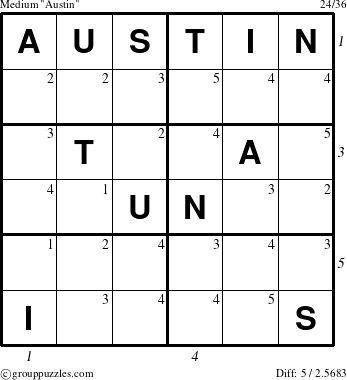 The grouppuzzles.com Medium Austin puzzle for  with all 5 steps marked