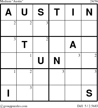 The grouppuzzles.com Medium Austin puzzle for  with the first 3 steps marked