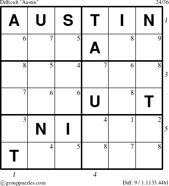 The grouppuzzles.com Difficult Austin puzzle for , suitable for printing, with all 9 steps marked