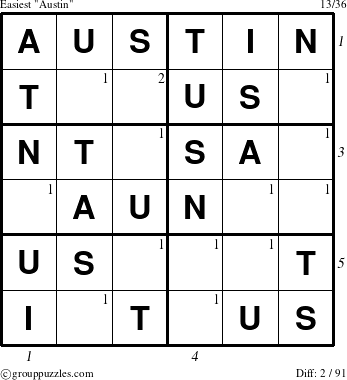 The grouppuzzles.com Easiest Austin puzzle for , suitable for printing, with all 2 steps marked