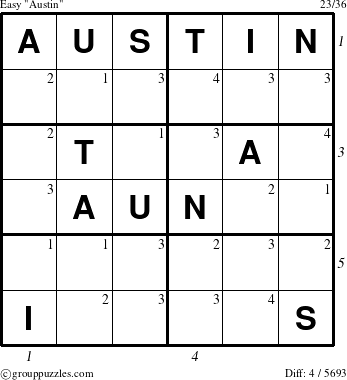 The grouppuzzles.com Easy Austin puzzle for  with all 4 steps marked