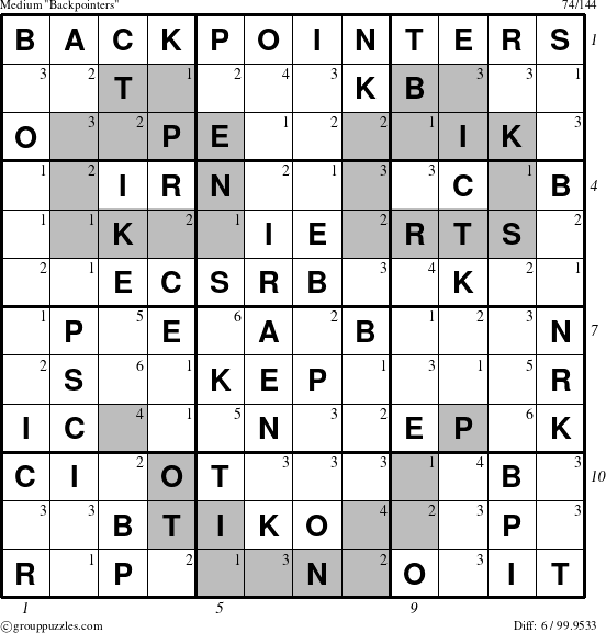 The grouppuzzles.com Medium Backpointers puzzle for  with all 6 steps marked