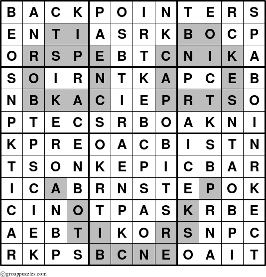 The grouppuzzles.com Answer grid for the Backpointers puzzle for 