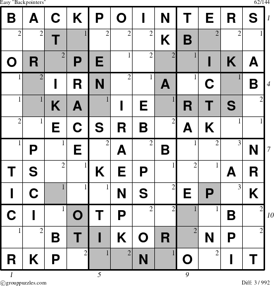 The grouppuzzles.com Easy Backpointers puzzle for , suitable for printing, with all 3 steps marked