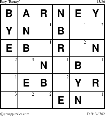 The grouppuzzles.com Easy Barney puzzle for  with the first 3 steps marked