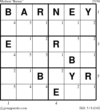 The grouppuzzles.com Medium Barney puzzle for , suitable for printing, with all 5 steps marked