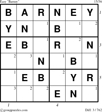 The grouppuzzles.com Easy Barney puzzle for  with all 3 steps marked