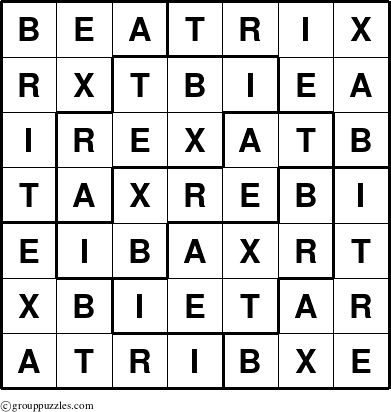 The grouppuzzles.com Answer grid for the Beatrix puzzle for 