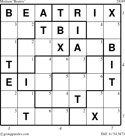 The grouppuzzles.com Medium Beatrix puzzle for , suitable for printing, with all 6 steps marked