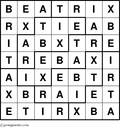 The grouppuzzles.com Answer grid for the Beatrix puzzle for 