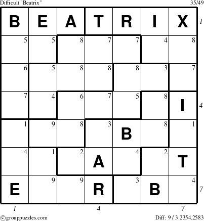 The grouppuzzles.com Difficult Beatrix puzzle for  with all 9 steps marked