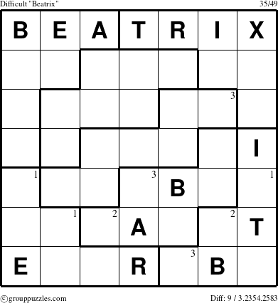 The grouppuzzles.com Difficult Beatrix puzzle for  with the first 3 steps marked