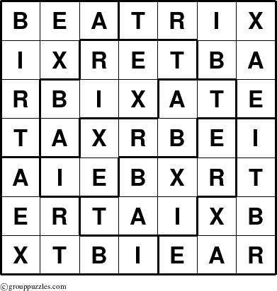 The grouppuzzles.com Answer grid for the Beatrix puzzle for 