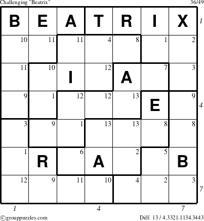 The grouppuzzles.com Challenging Beatrix puzzle for  with all 13 steps marked