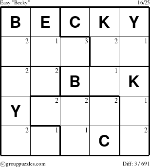 The grouppuzzles.com Easy Becky puzzle for  with the first 3 steps marked