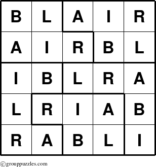 The grouppuzzles.com Answer grid for the Blair puzzle for 